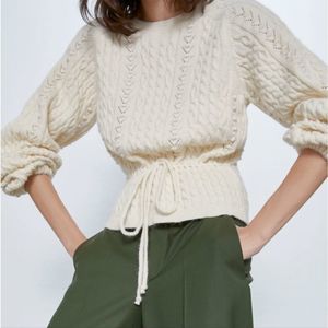 Zara ivory cable knit crew neck chunky long puffy sleeve sweater